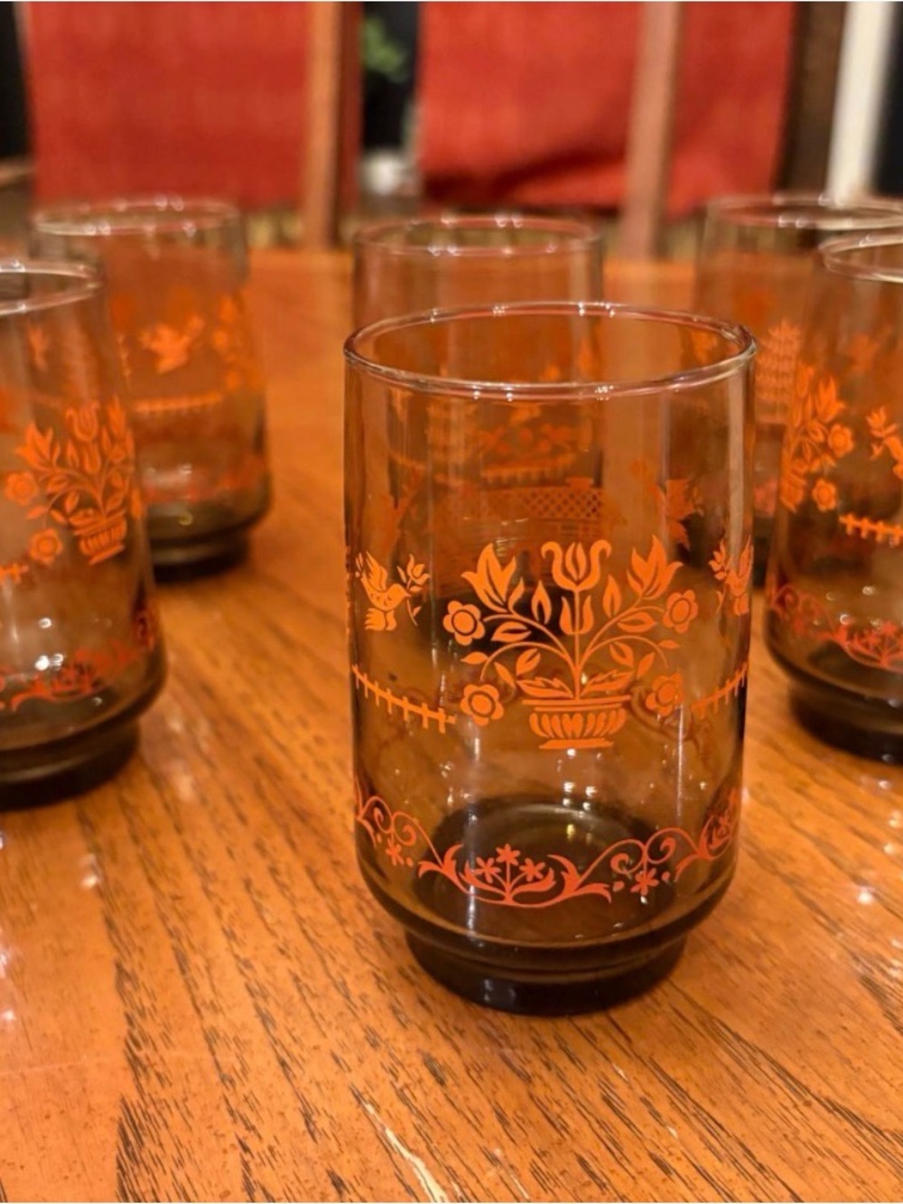 Vintage Floral Amber Glass Tumbler - Set of 6